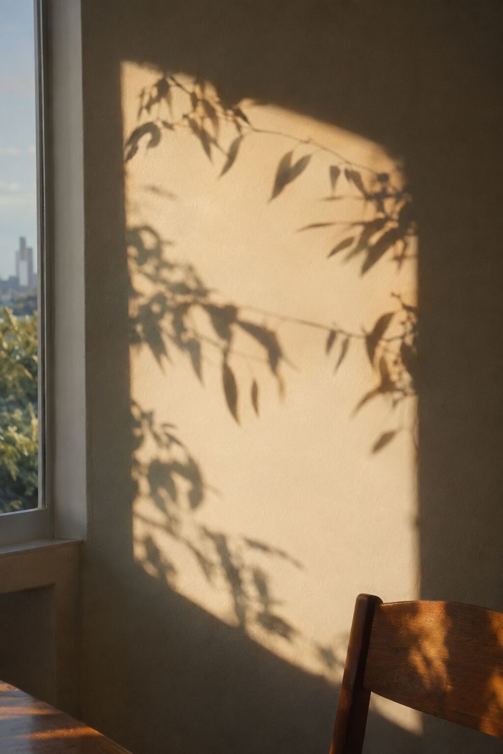 Late afternoon light and leaf shadows falling across a plaster wall beside a window